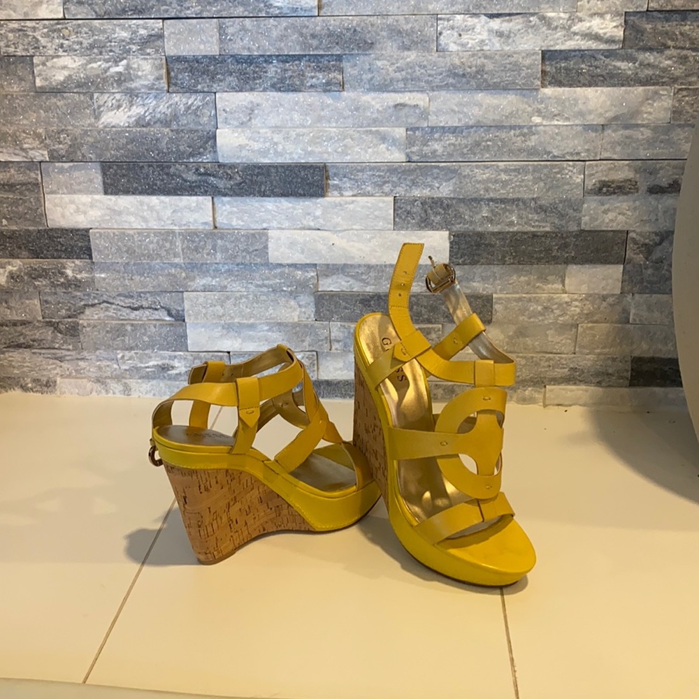 Guess Yellow Strappy Cork Wedge Sandals